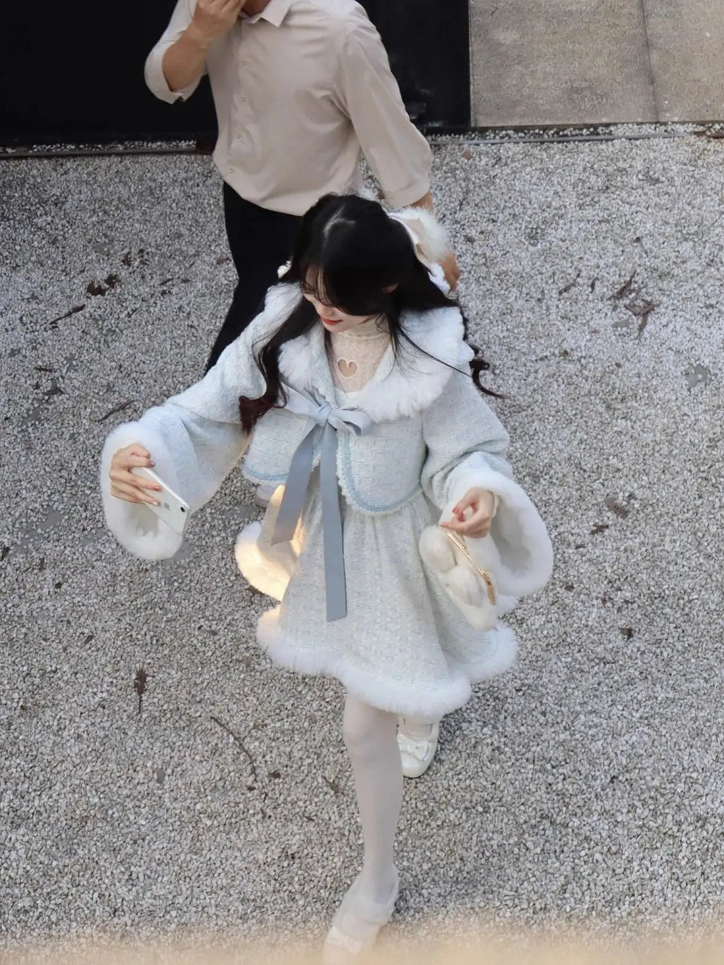 Autumn/winter New Set Sweet Girl Bow Plush Hooded Coat Slimming Aline Strap Camisole Dress Two Piece Sets Outfits