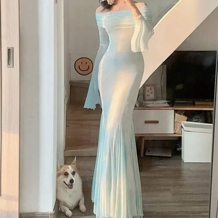 Exquisite Bellsleeved Dress New Highend French Retro Autumn Fishtail Long Dresses Evening Party
