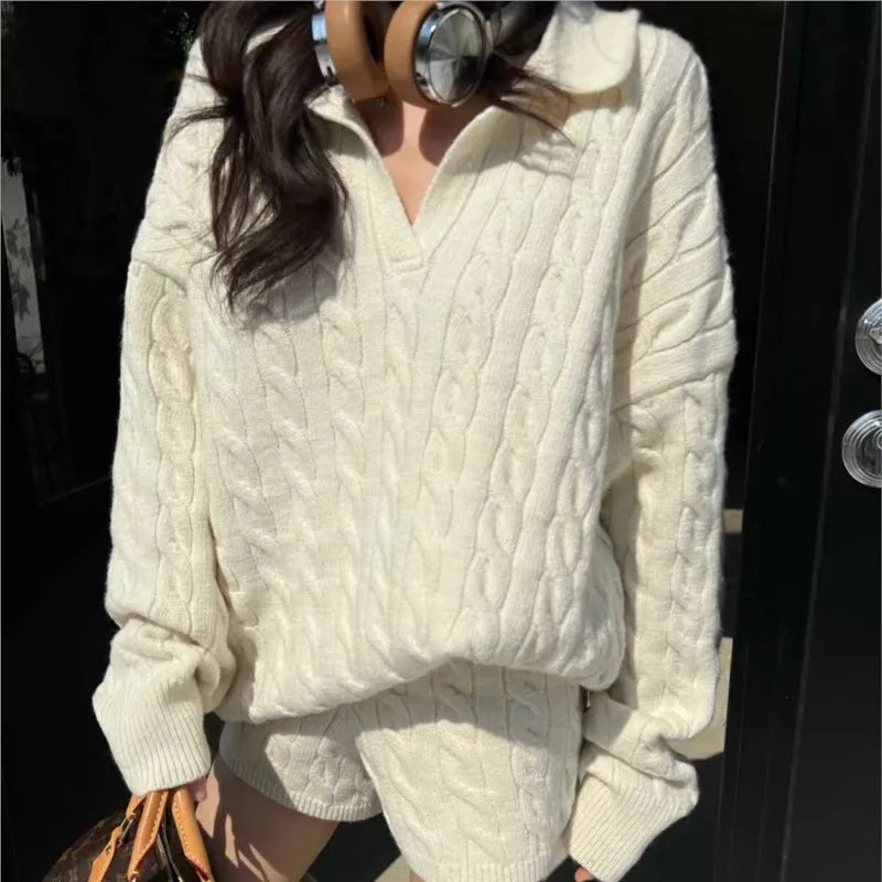 Korean Two-piece Set V-neck Loose Pullover Sweater Top Shorts Outfits Autumn New Suit Female Clothing