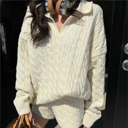Korean Two-piece Set V-neck Loose Pullover Sweater Top Shorts Outfits Autumn New Suit Female Clothing