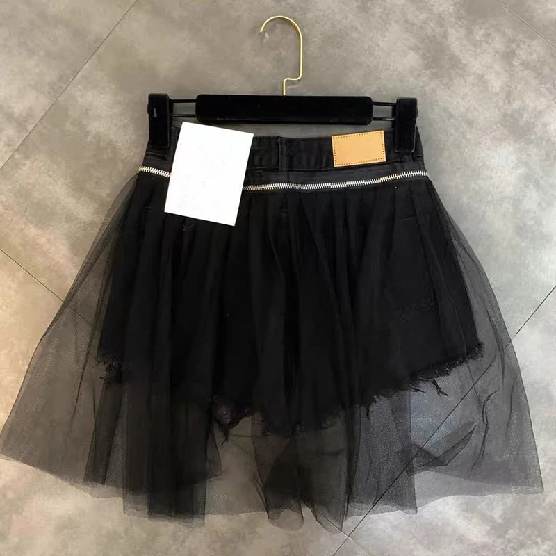 Ripped Denim Shorts Y2k Mesh Patchwork Wide Leg Shorts Jeans Korean High Waist Design Short Hot Pants