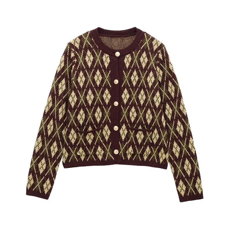 Check Plaid Knitted Cardigans Single Breasted Loose Sweaters Long Sleeve Coats Winter Lady Tops