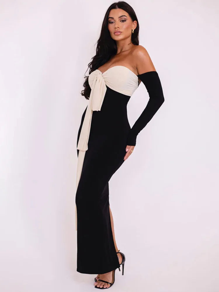 Off-shoulder Contrast Color Maxi Midi Dress