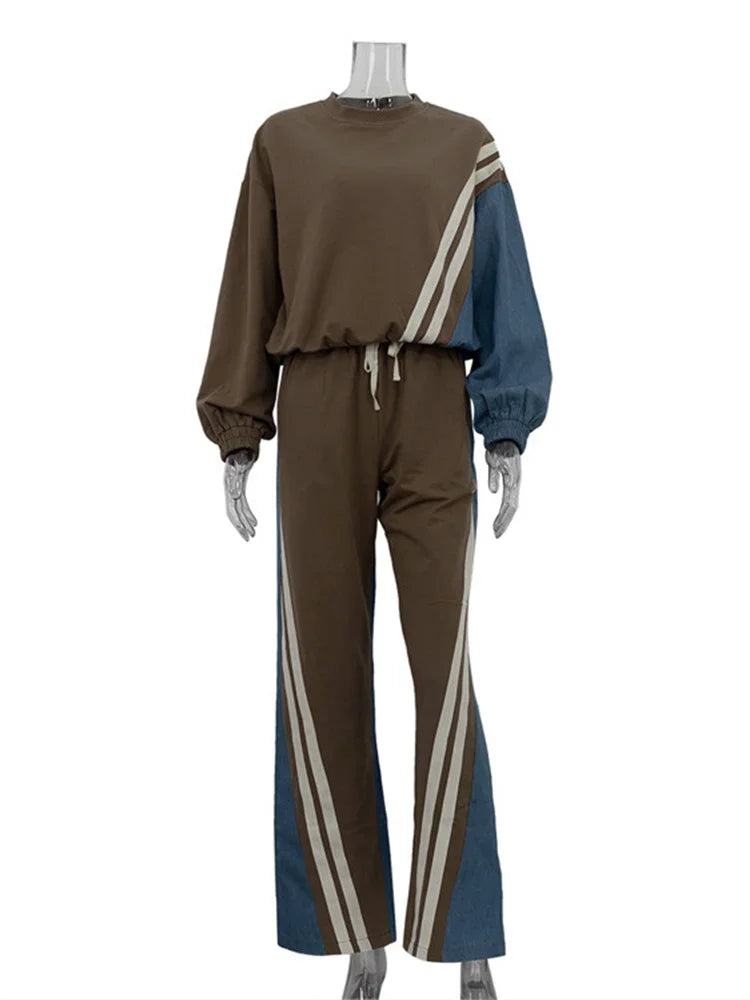 2 Piece-set Drawstring Trousers Contrast Lace-up Autumn Pullover and High Waist Pants Outfits Tracksuit