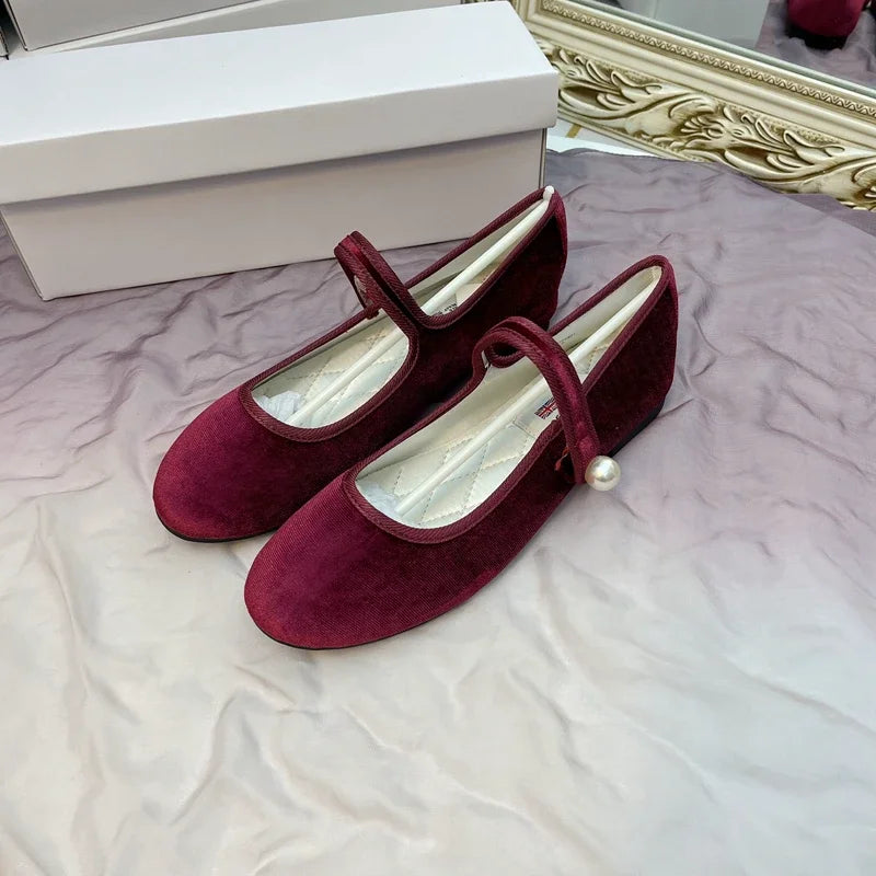 Retro Purple Burgundy Satin Pearl Velvet Mary Jane Flat Shoes for Ballet Flats Students Designer Shoes for