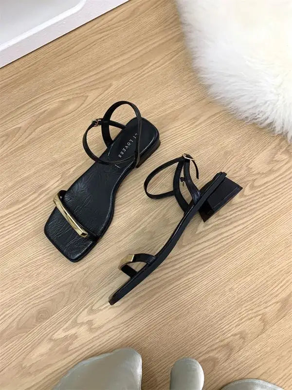 Sandals Block Heels Clear Shoes Suit Female Beige Buckle Strap Open Toe New Chunky Low Black Comfort Peep Pu