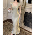 Bodycon Mermaid Midi Dress Summer Female Evening Party Maxi Dresses Short Sleeve Vestidos French Robe