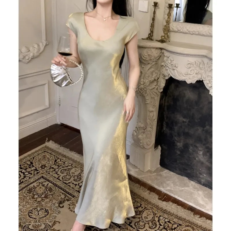 Bodycon Mermaid Midi Dress Summer Female Evening Party Maxi Dresses Short Sleeve Vestidos French Robe