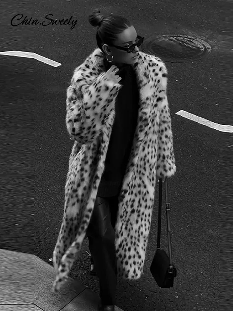 Animal Lapel Faux Fur Long Coat Loose Long Sleeve Pocket Lady Overcoats Autumn Winter Warm Street Thick Outwear