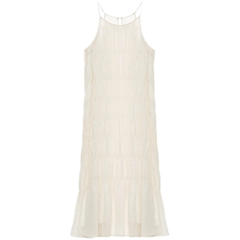 Sleeveless Chiffon Dress Round Neck Aline Shape Striped Slim Long Dress Daywear Color Female Summer
