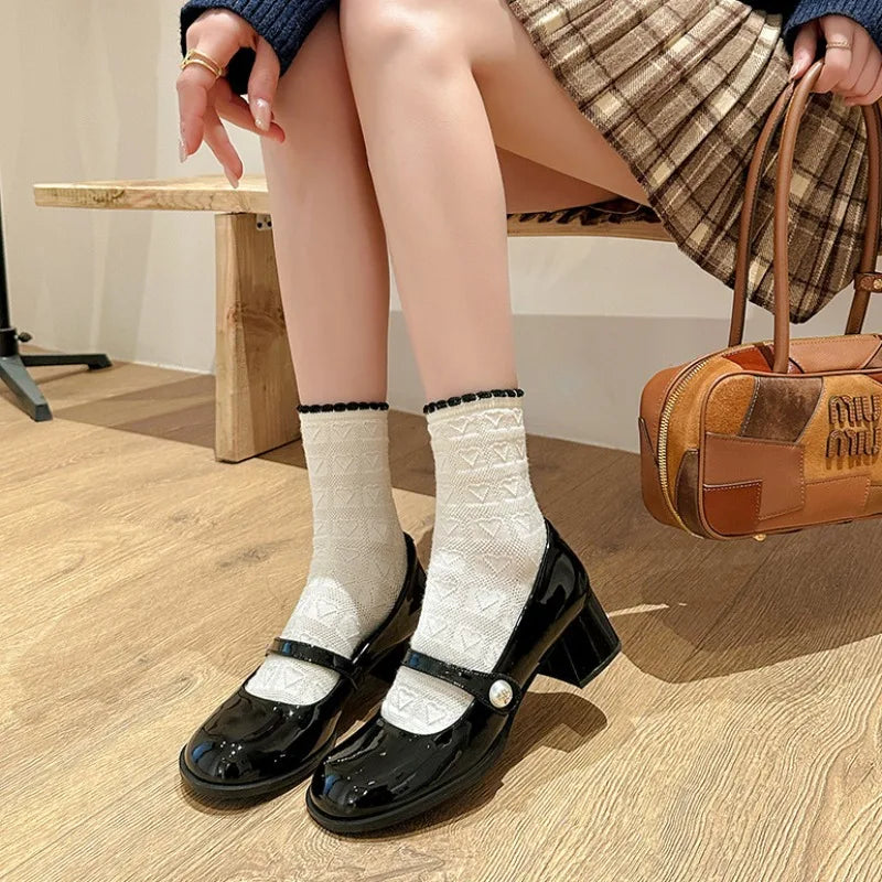 Sweet Round Head Patent Leather Mary Jane Shoes Brand Design Square Heel Tripping Strap Party Wedding Single Shoes