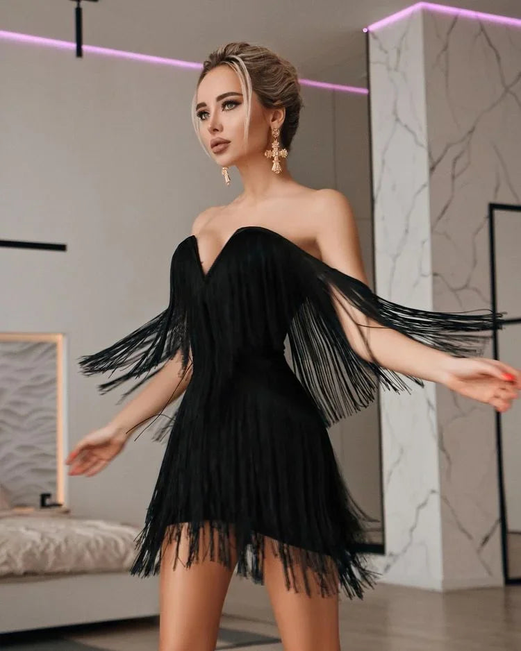 New Tassel Bandage Dress V Neck Off Shoulder Bodycon Nightclub Celebrity Female Party Mini Dresses