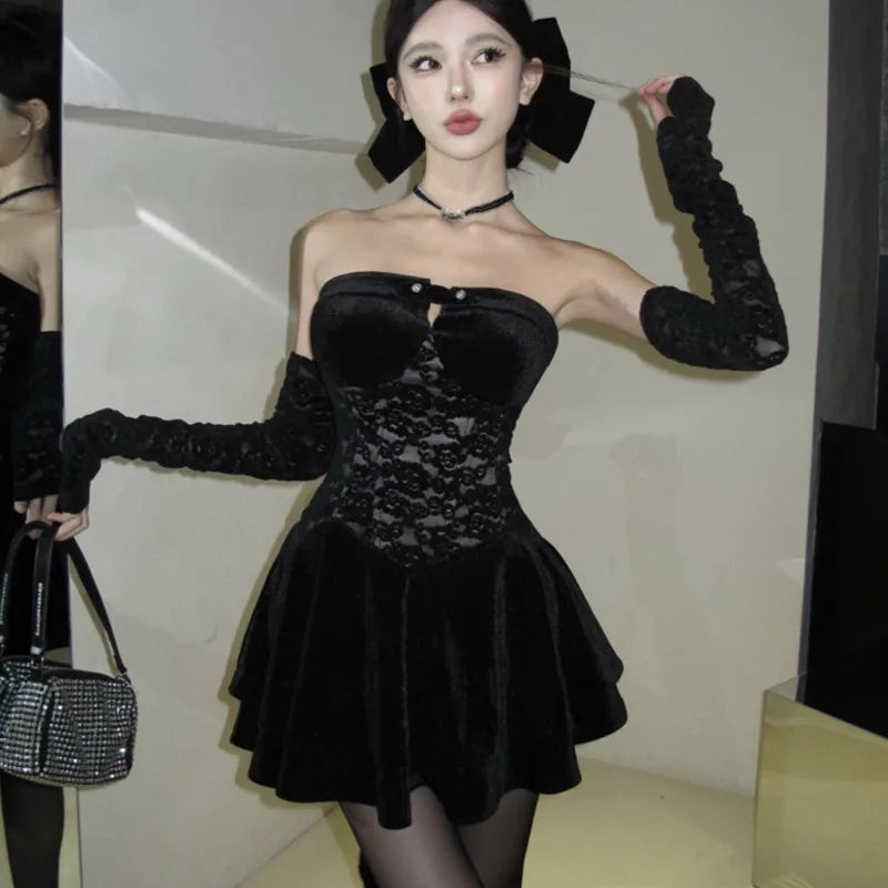 Y2k Gothic Strapless Mini Dresses Black Velvet Lace Patchwork Evening Party Dress A-line Slim Prom Vestidos Mujer New