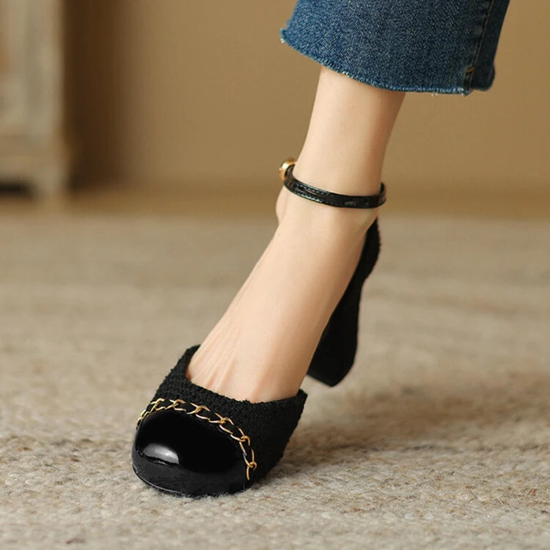 New Summer Sandals Cotton Fabric Shoes for Cover Toe Chunky Shoes Round Toe Cover Heel Sandals Splicing Chain Shoes