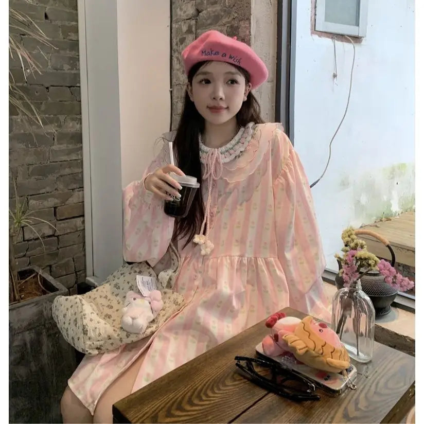 Sweet 3d Hook Flower Stripe Pink Dress Summer New Embroidered Girl Doll Neck Loose Aline Midi Dress for