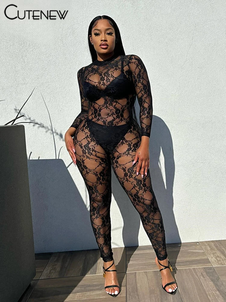 ’s Jumpsuit Lace Fitness See-through One-piece Sporty Attirewear Rompers Overalls New