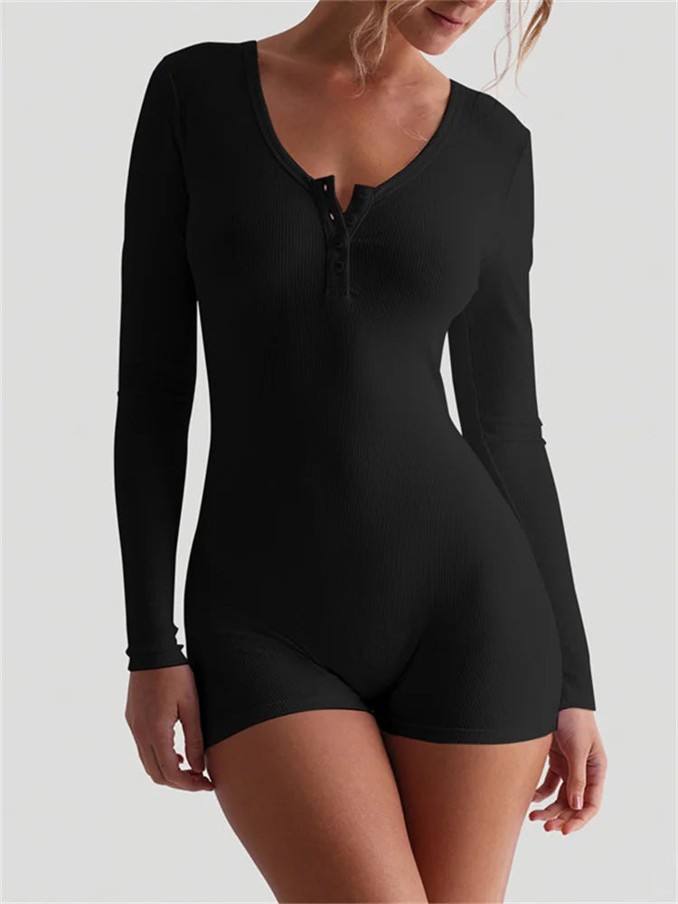 Skinny Ribbed Summer Yoga Jumpsuit Female Rompers Long Sleeve High Waist Bodysuit ’s Rompers