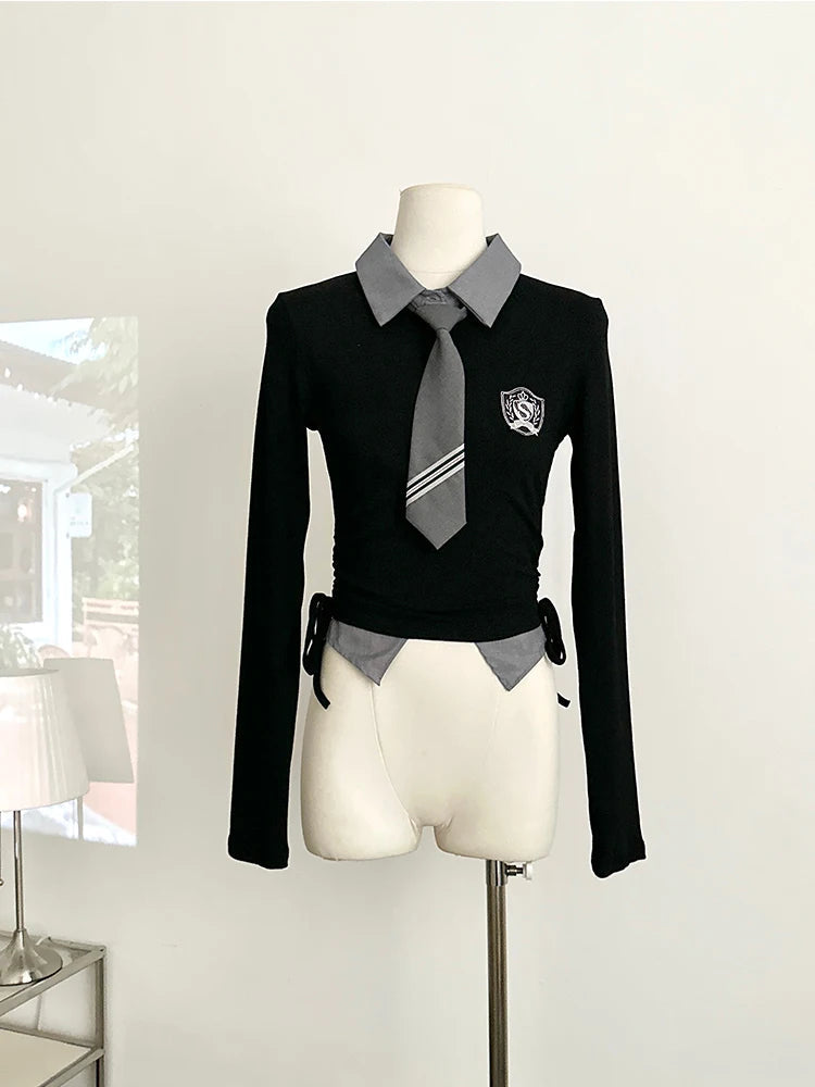 Fall Jk Preppy Style Y2k Gyaru Outfits 2 Piece Set Knit Long Sleeve Crop Tops Blouses Tie + Mini Pleated Skirt With Belt