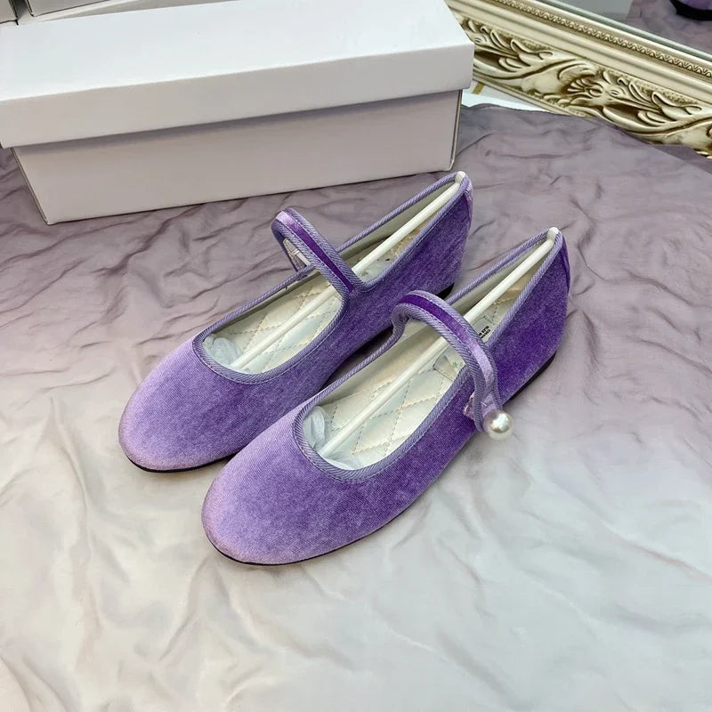 Retro Purple Burgundy Satin Pearl Velvet Mary Jane Flat Shoes for Ballet Flats Students Designer Shoes for
