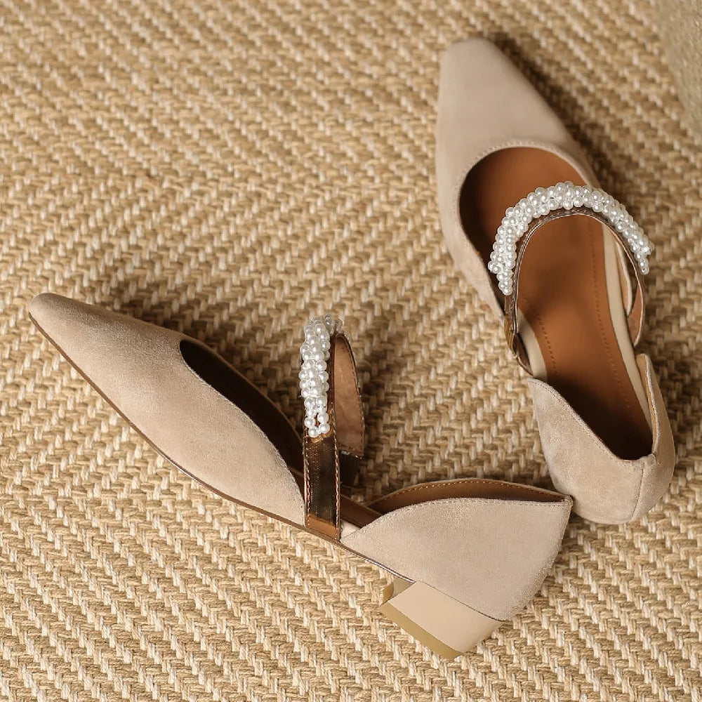 Mary Jane Flats Natural Suede Leather Beading Band Pointed Toe Slipon Female Footwear Summer Daily Shoes