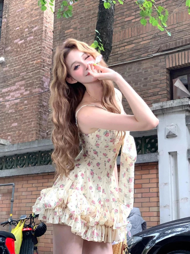 Summer French Sweet Flower Mini Dress Beach Ruffles Design Slip Dress Female Evening Party