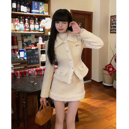 Sweet Hot Girl Maillard Style Suit Autumn/winter Woolen Patchwork Slim Coat Highwaisted Skirt Twopiece Set