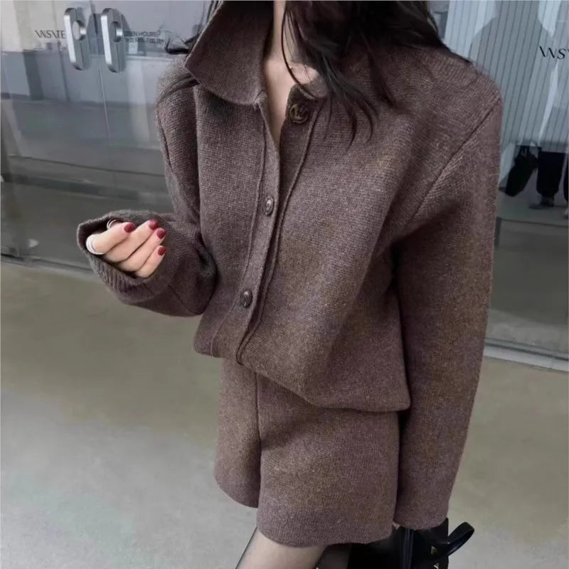 Autumn Winter New Two-piece Knitted Sets Single Breasted Sweater Top High Waist Shorts Korean Outfits Suit