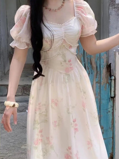 Print Midi Dress Summer New Square Collar Female Puff Sleeve Fairy Holiday Vestidos