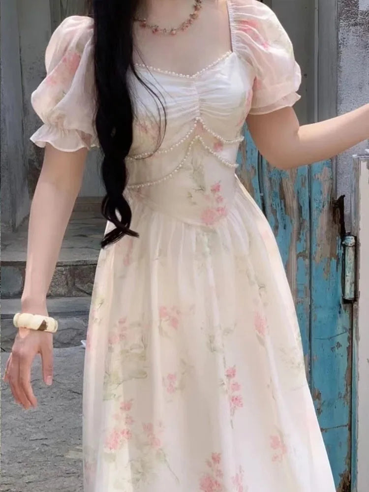 Print Midi Dress Summer New Square Collar Female Puff Sleeve Fairy Holiday Vestidos
