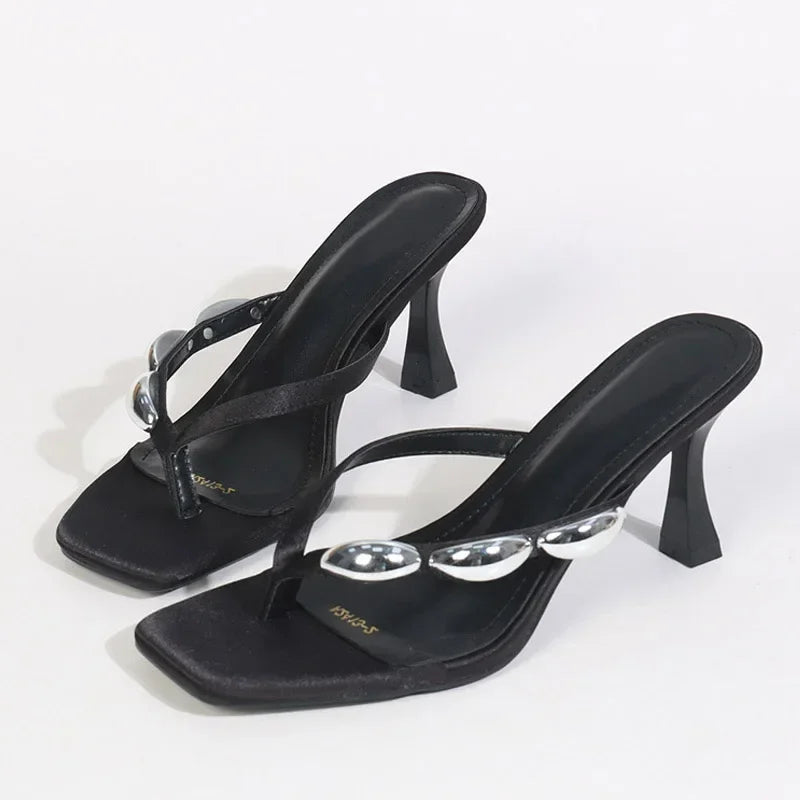 Metal Narrow Band Designer Flip Flops Summer Slippers Party Low Heels Gladiator Slide Sandals Mules Shoes
