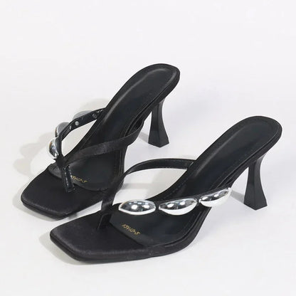 Metal Narrow Band Designer Flip Flops Summer Slippers Party Low Heels Gladiator Slide Sandals Mules Shoes