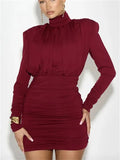 Pleated High Waist Slim Mini Dress Female Long Sleeve Patchwork Commute Dress Autumn Dress