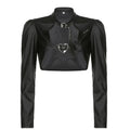Punk Style Buckles Black Pu Leather Jacket Spring Autumn Smock Cropped Coat Cardigan Outfits