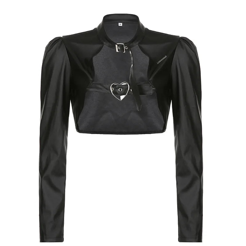 Punk Style Buckles Black Pu Leather Jacket Spring Autumn Smock Cropped Coat Cardigan Outfits