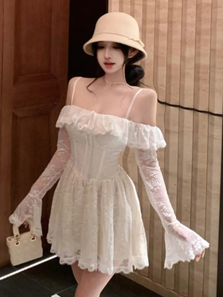 Lace Mini Dress for Sweet Slash Neck Spaghetti Strap Flare Long Sleeves Ruffle Slim Party Dresses Female Clothing New