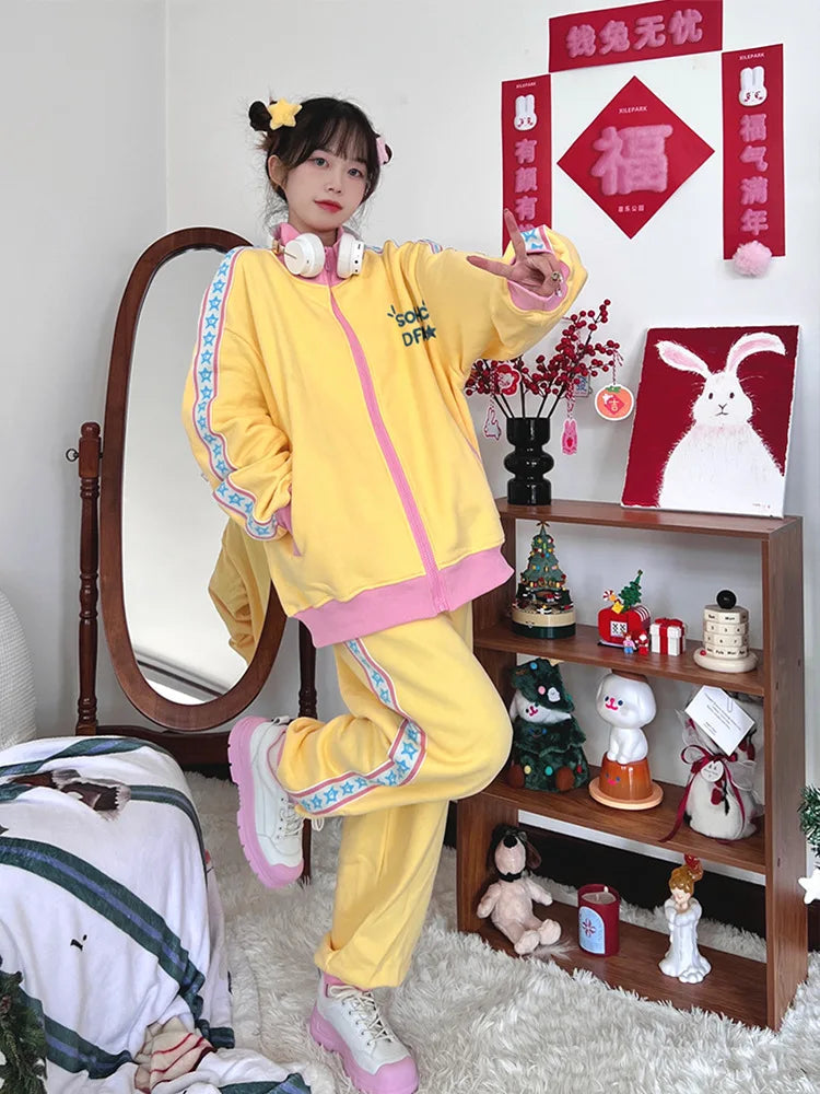 Y2k Set Autumn Zipper Jakcet+joggers Pants Embroidered Letter Loose Korean 2 Pieces Sets Spring Autumn