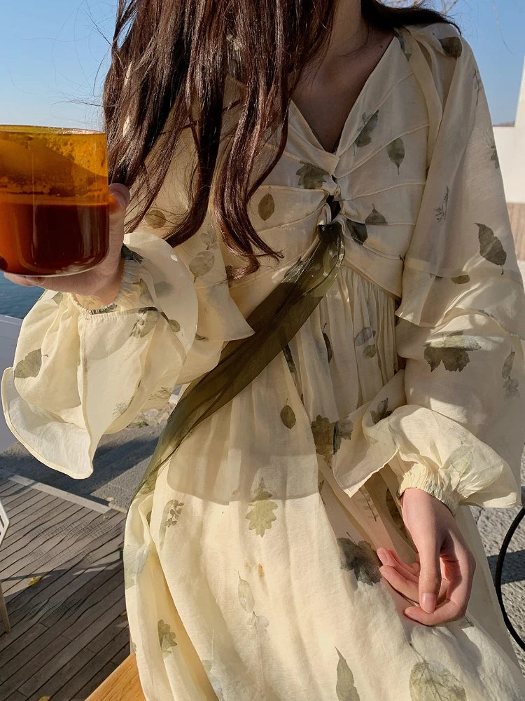 Frehcn Midi Dress Office Lady Vneck Beach Party Dress Summer Chiffon One Piece Dress Korean