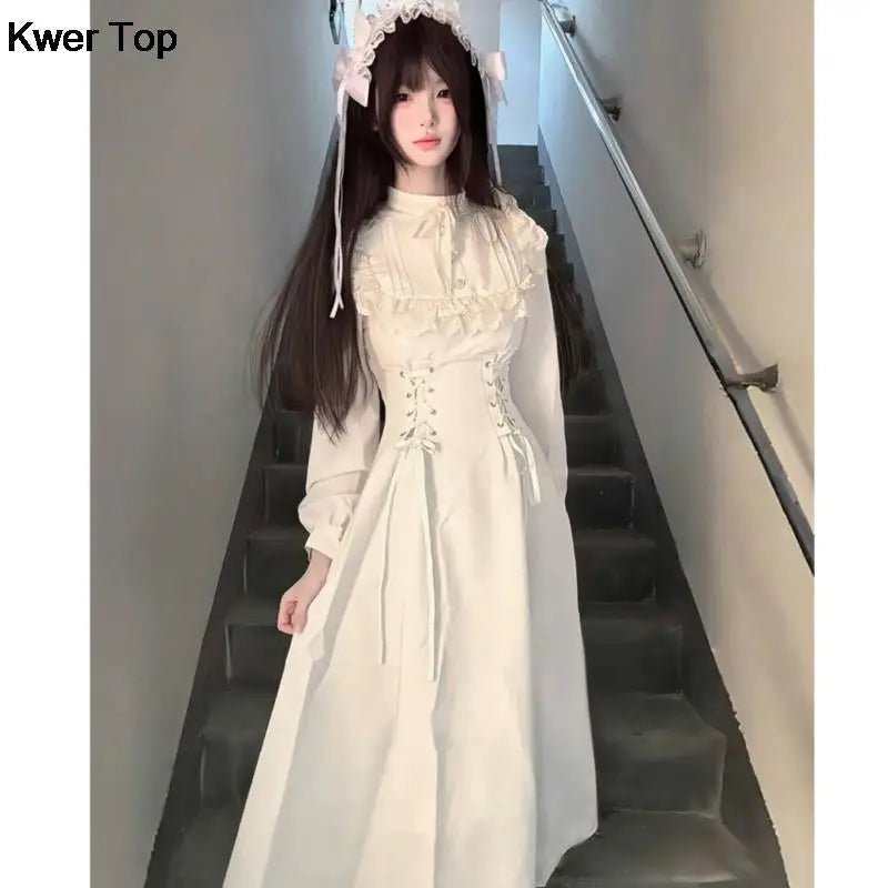 Princess Laceup Midi Dresses Autumn New Party Dress Long Sleeve Oneck High Waist Y2k Gothic Vestidos Mujer