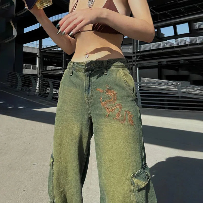 Grunge Fairycore Cargo Pants Denim Y2k Aesthetic Dragon Embroidery Jeans Baggy Distressed Trousers