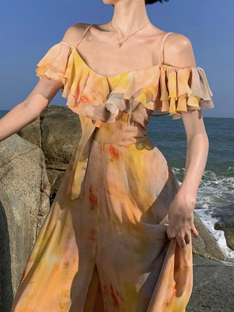 Print Midi Dress Sleeveless Spaghetti Strap Aline Beach Holiday Clothes Female Summer Dresses Vestidos