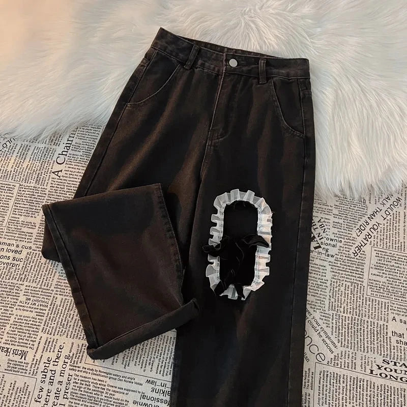 Korean Lace Slit Jeans Pants High Waist Oversize Wide Leg Trousers New Ins All Match Denim