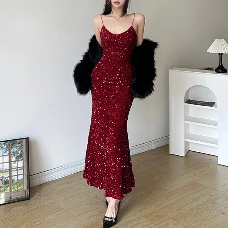 Sequined Velvet Mermaid Long Dress Party Evening Clubwear Korean Style Vneck Sleeveless Maxi Dresses New