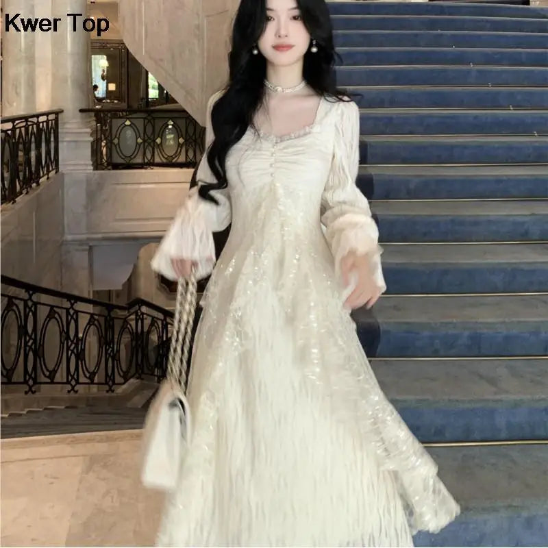 Autumn Winter New Midi Dresses for Lace Ruffles Flare Sleeve Aline Birthday Party Dress Korean Vestidos Mujer