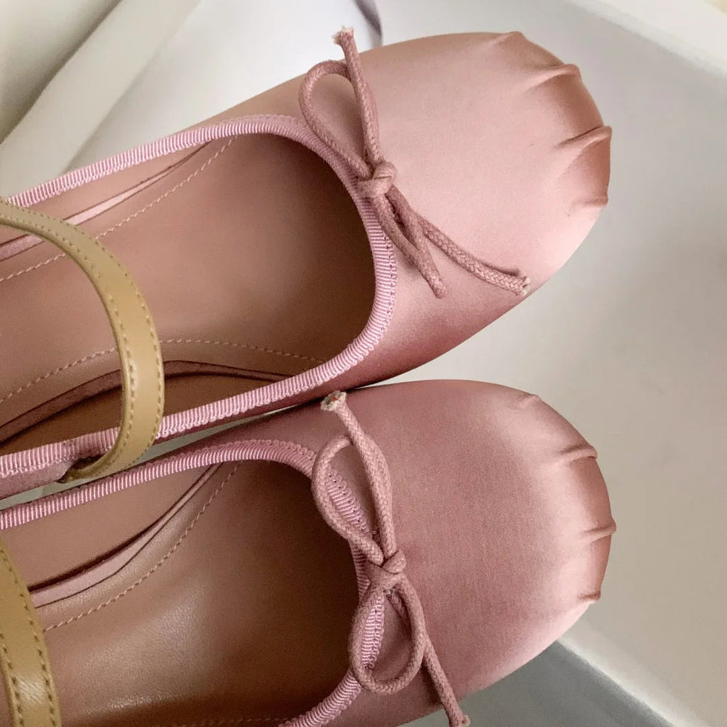 Satin Fabric Sweet Bow Tie Slipon Mary Jane Pumps Pink Daily Dress Heeled Shoes for Woman Spring