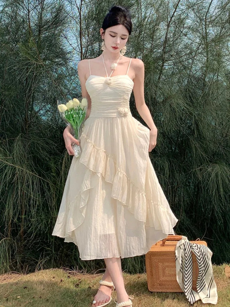 Ruffles Fairy Midi Dresses Summer Folds Birthday Evening Party Vestidos Korean Sweet Spaghetti Straps Dress