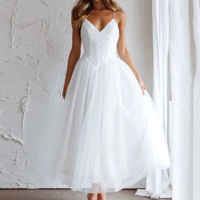 Embroidered Lace Party Dress Vneck Sleeveless Long Dress Loose Hollow Out Beach Dress
