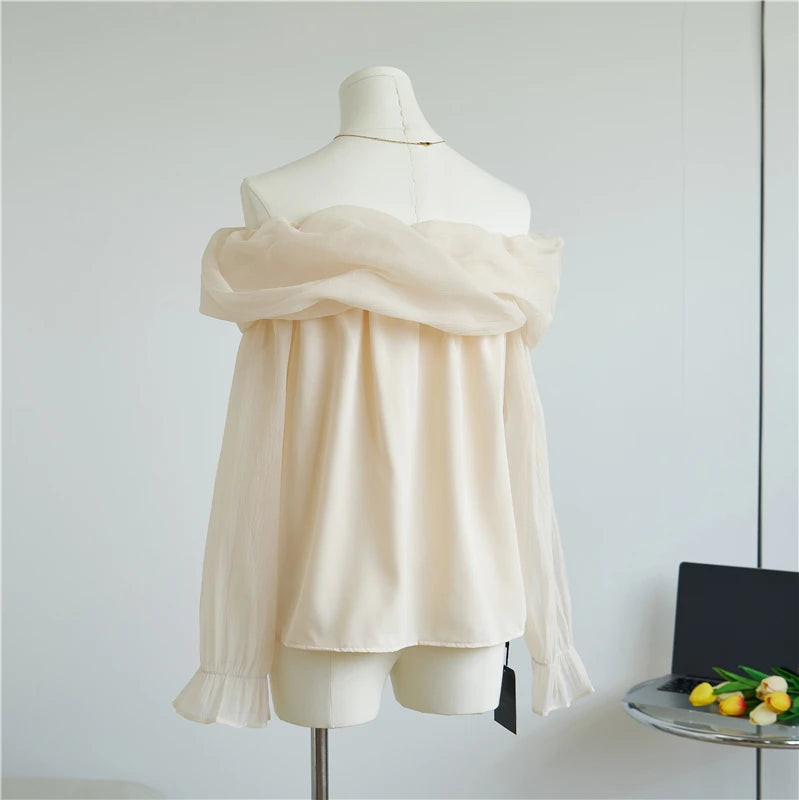 French Comfortable Tops Waist Blouse Sweet Offtheshoulder Korean Party Shirts Blous