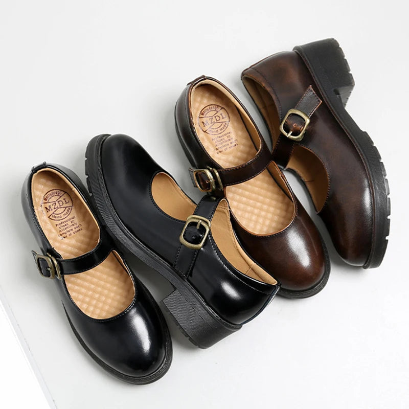 New Small Leather Shoes Round Toe Highheeled Retro Leather British College Style Shoes Mary Jane Shoes