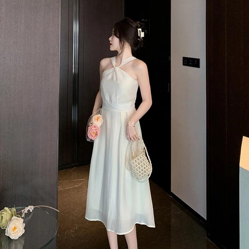 Beige Chiffon Dress Female Summer Slim Slim Thin Temperament French Senior Sense of Beach Hanging Neck Long Dress