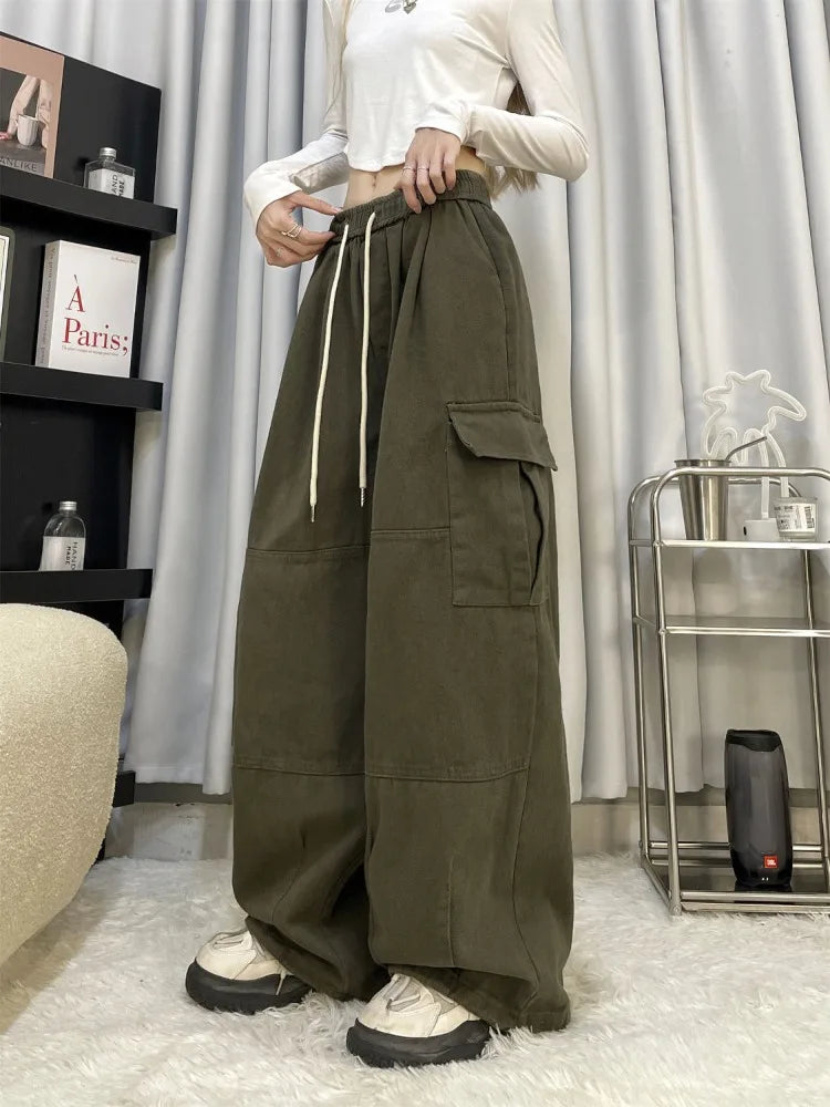 Baggy Cargo Pants Y2k Sweatpants Drawstring High Waist Pocket Patchwork Wide Leg Pants Oversize Trousers